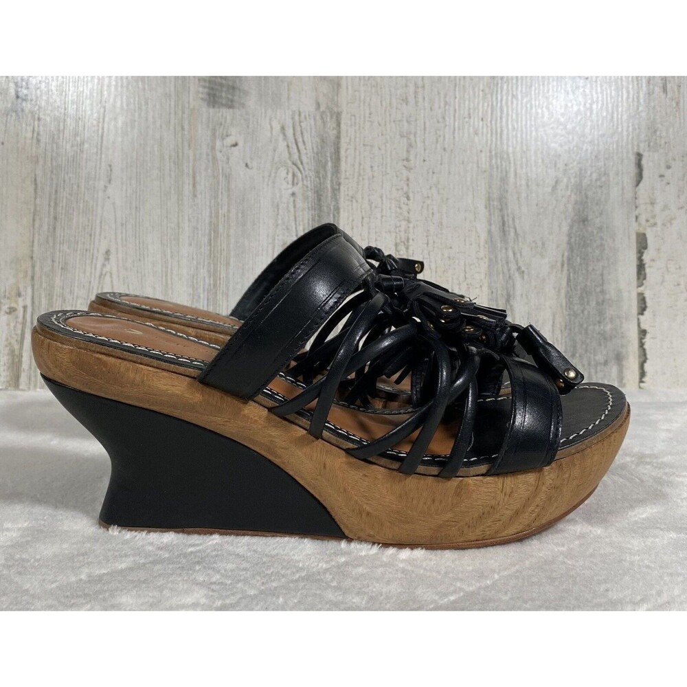 Leifsdottir Olli Wood Wedges Black Tassel Strappy Platform Sandal EU 38 US 7-7.5